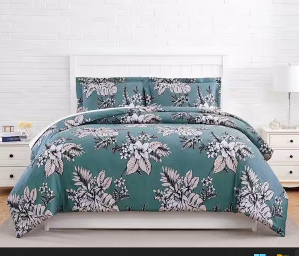 SouthShore Duvet Cover 2 Shams NEW Floral Green All Cotton Button Closure